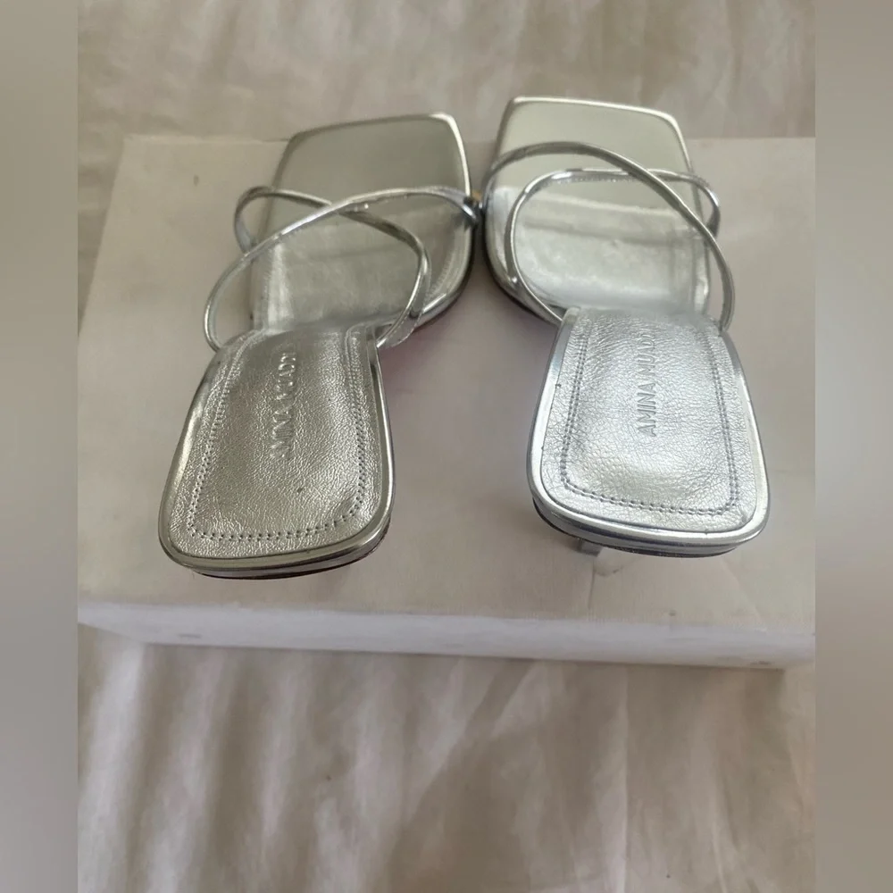 ✨ NEW! Authentic! Amina Muaddi Silver Strappy Heels – Size 38.5 ✨ Mules